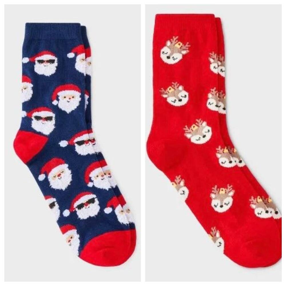 Wondershop Women's Christmas Crew Socks Santa Reindeer 2pk‎ One Size NEW
